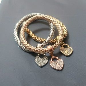3pc/set Rhinestone Charm Bangle ❤ Heart bracelet Silver Gold & Rose gold